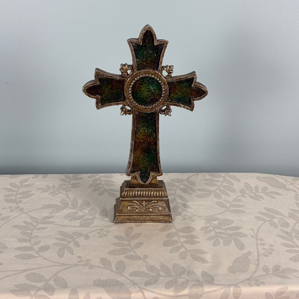 Gothic Standing Cross Dark Academia Stained Glass Green Amber Decor Halloween
